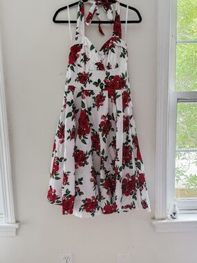 Hell Bunny White Dress with Red Rose Print Backless